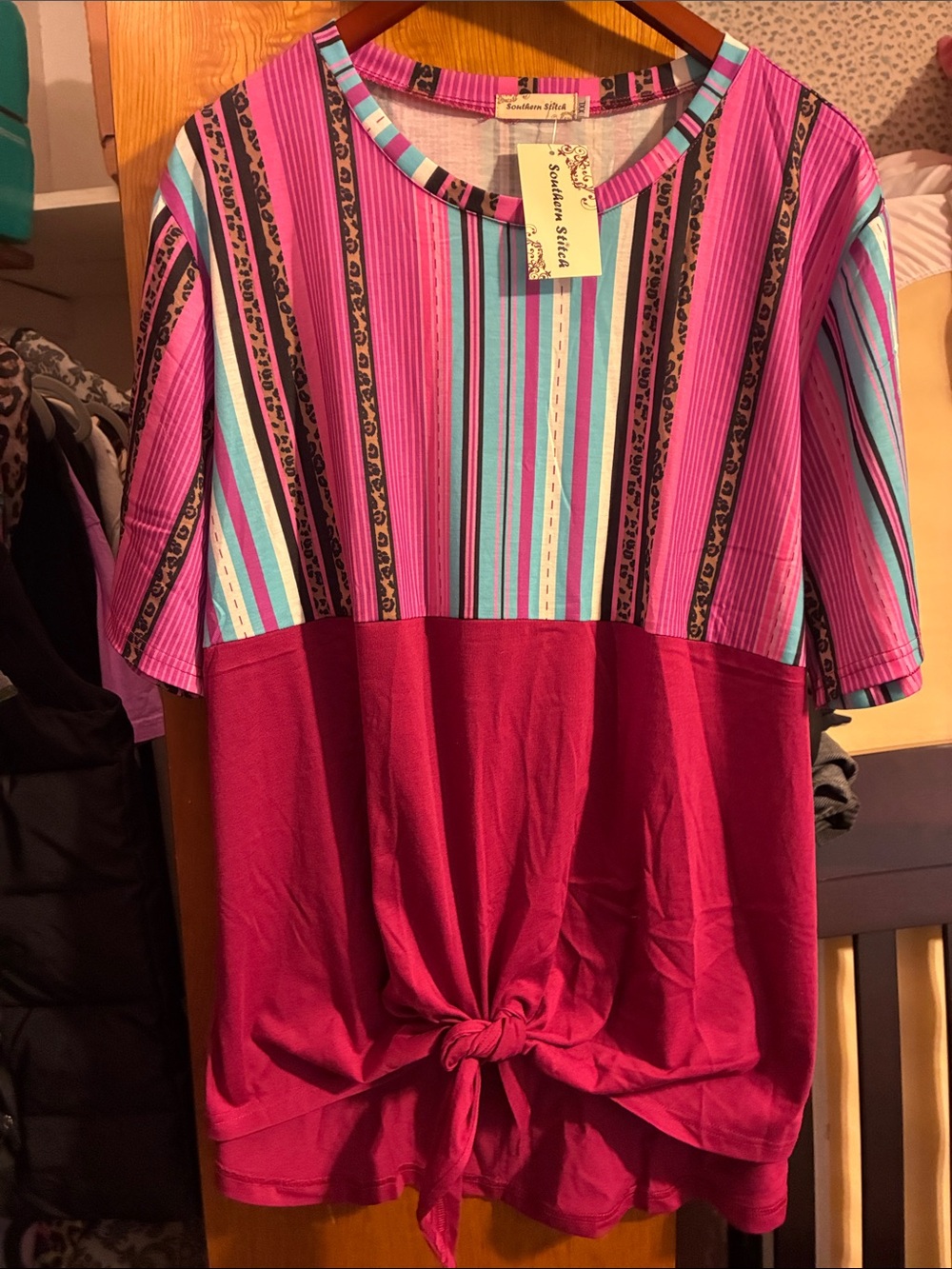 Relaxed Tie-Front Short Sleeve Tee in Pink Multi by Southern Stitches